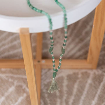 Handmade Good Fortune Mala Necklace – Green Aventurine & Quartz drapped on stool